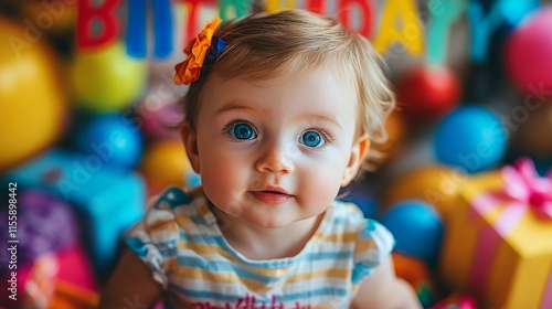 Cute baby celebrating first birthday surrounded by colorful decorations and g...