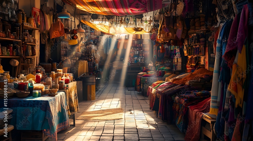 Obraz premium Sunlit Market Alleyway Displays Colorful Textiles and Spices