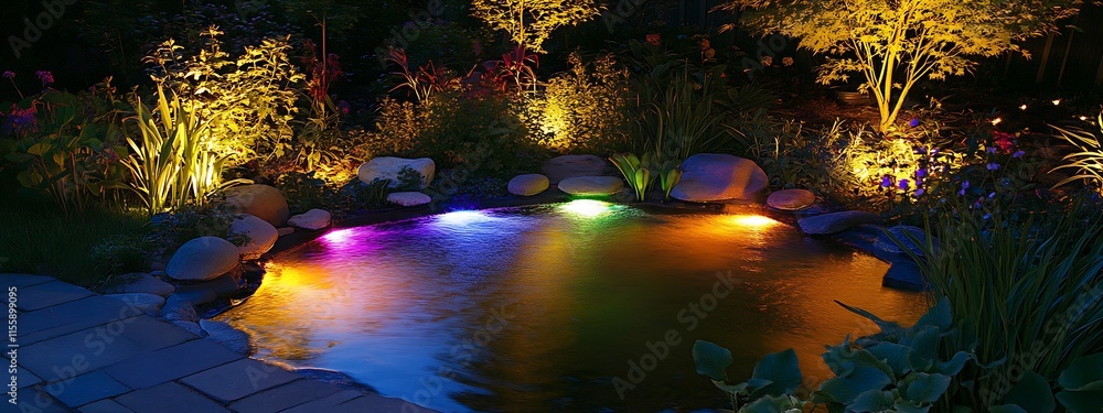 Fototapeta premium Serene Backyard Pond with Colorful LED Illumination Amidst Lush Greenery : Generative AI