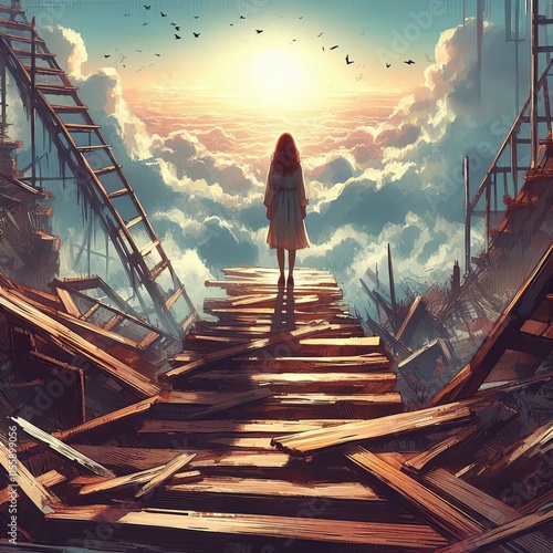 young woman standing on broken stairs leading up to sky, digital art style, illustration painting photo