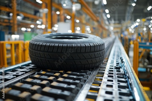 Tire moving along conveyor belt in modern manufacturing facility during dayti...