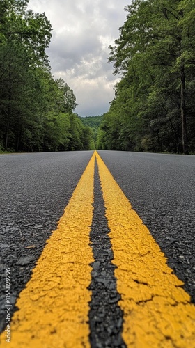 Long stretch of freshly paved road surrounded by trees in a rural area on a c...