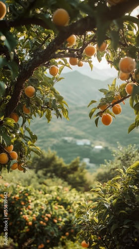 Abundant orange apricots hanging from trees in a lush garden setting