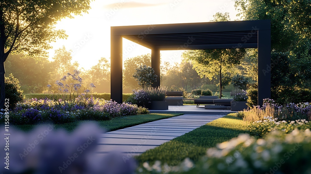 Obraz premium Chic Pergola with Cozy Seating Area amidst Blooming Garden at Dawn : Generative AI
