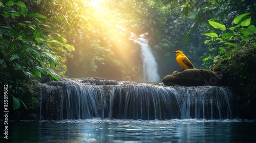 Fototapeta Naklejka Na Ścianę i Meble -  Serene waterfall cascading through lush tropical rainforest with sunlight filtering through trees