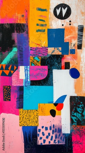 Colorful abstract artwork with geometric shapes and vibrant patterns on canvas