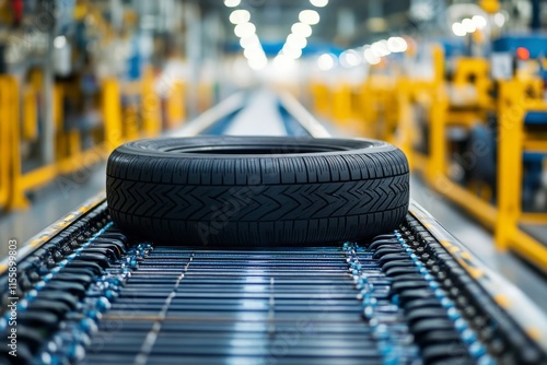 Tire moving along conveyor belt in modern manufacturing facility during dayti...