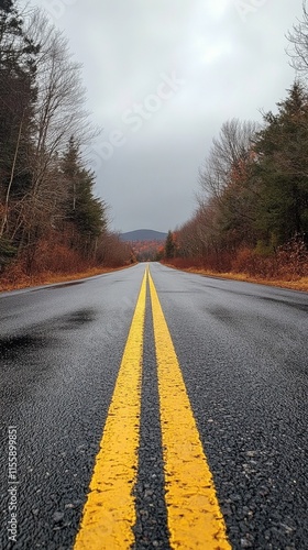 Long stretch of freshly paved road surrounded by trees in a rural area on a c...
