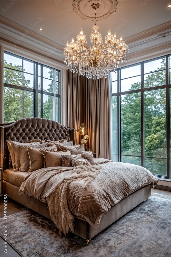 Fototapeta premium Elegant bedroom design featuring plush bedding and stunning chan