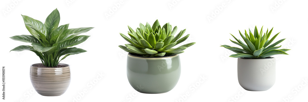 A Set of Fresh Green Plants Elegantly Arranged in Modern Ceramic Pots Isolated on Transparent Background A Set of Fresh Green Plants Elegantly Arranged in Modern Ceramic Pots Isolated on Transparent Background