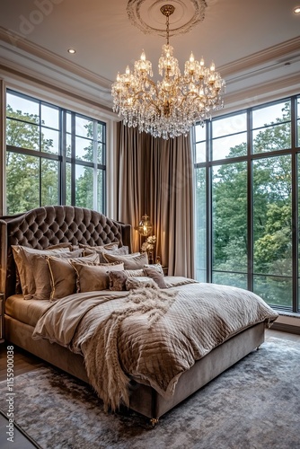 Elegant bedroom design featuring plush bedding and stunning chan