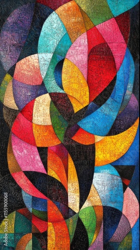 Colorful abstract artwork with geometric shapes and vibrant patterns on canvas