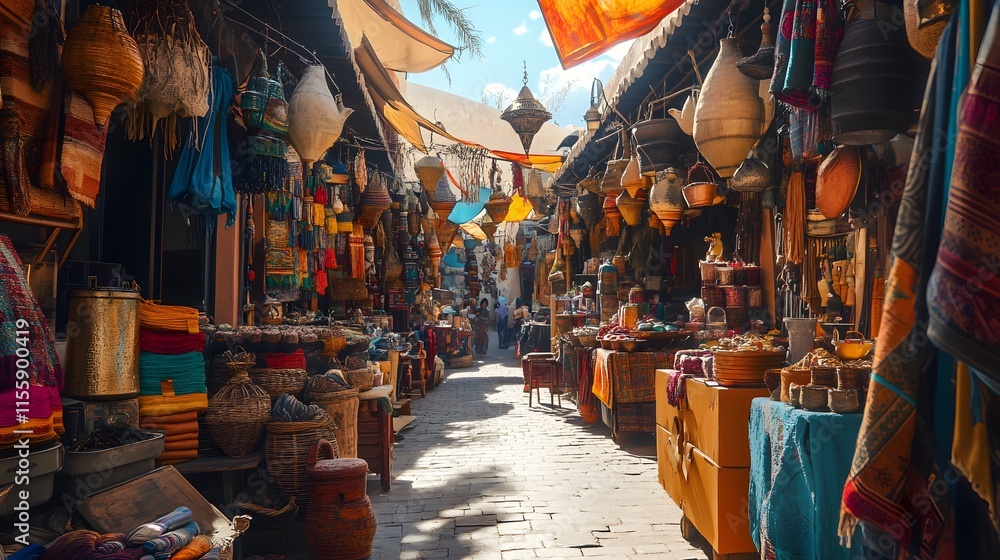 Fototapeta premium Vibrant Market Street Displays Colorful Textiles And Pottery