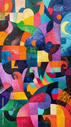 Colorful abstract artwork with geometric shapes and vibrant patterns on canvas