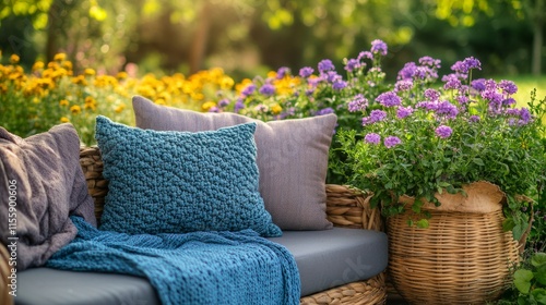 Cozy outdoor seating area adorned with flowers and greenery in a tranquil set...