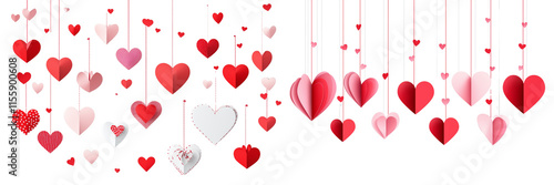 Set of a Happy Valentine's Day background with paper hearts hanging on strings, flat lay, isolated on transparent background.