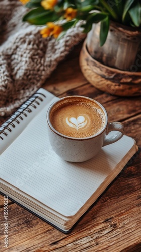 Cozy coffee cup on a notepad with a view of a soft, blurred background