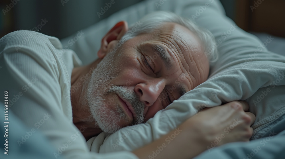 Mature Elderly Senior Man Sleeping Peacefully on Pillow in Bed, Sound Sleep and Insomnia Mature Elderly Senior Man Sleeping Peacefully on Pillow in Bed, Sound Sleep and Insomnia