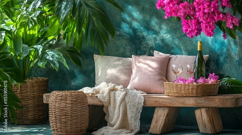 Cozy outdoor seating area adorned with flowers and greenery in a tranquil set...