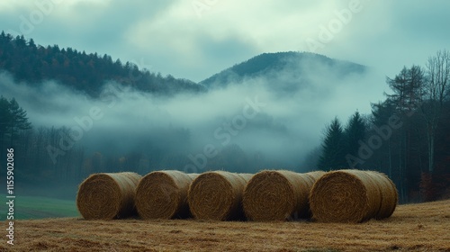 Stacked hay bales in a golden field under a clear blue sky at sunset