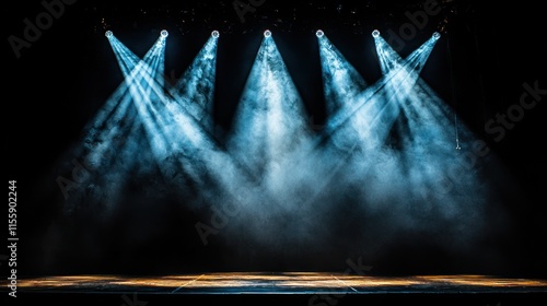 Empty stage with blue spotlights and smoke.