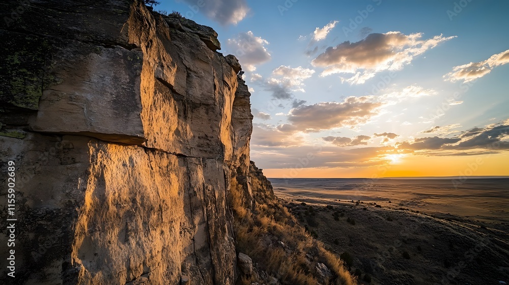 Fototapeta premium Sunset illuminates a rugged rock face overlooking a vast plain