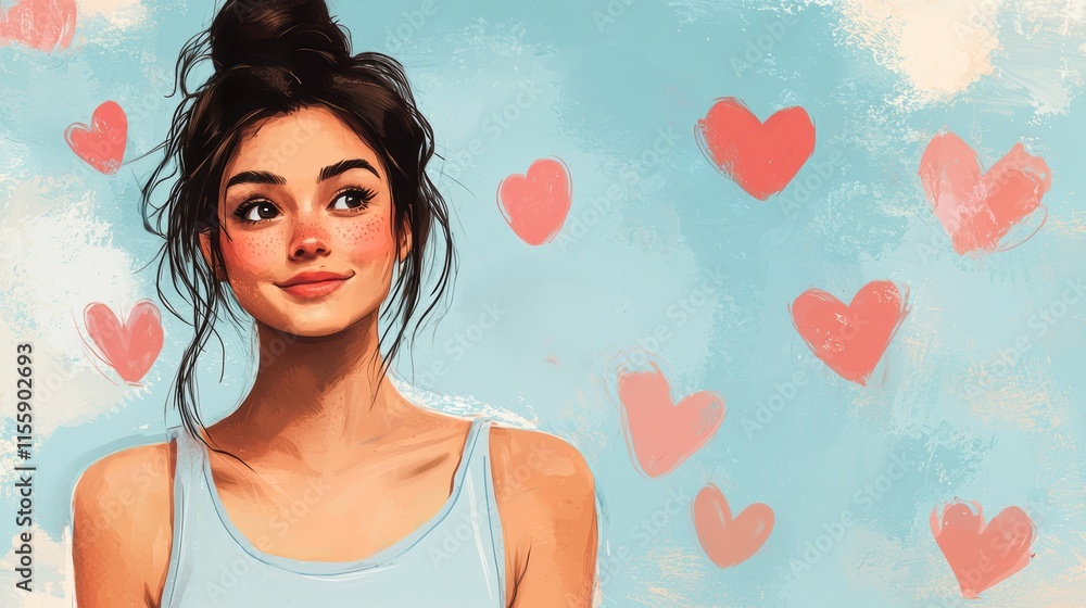 Young Woman with Playful Expression and Colorful Heart Background Young Woman with Playful Expression and Colorful Heart Background