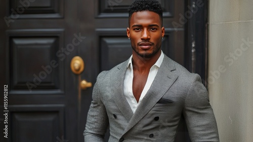 Stylish man in tailored suit poses confidently against dark blue background
