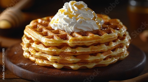 Delicious stack of waffles topped with whipped cream and syrup on a black plate