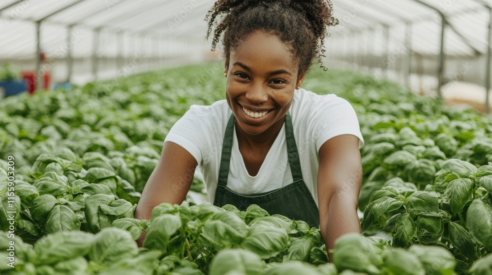 Smiling Woman Harvesting Fresh Basil in a Greenhouse Environment Smiling Woman Harvesting Fresh Basil in a Greenhouse Environment
