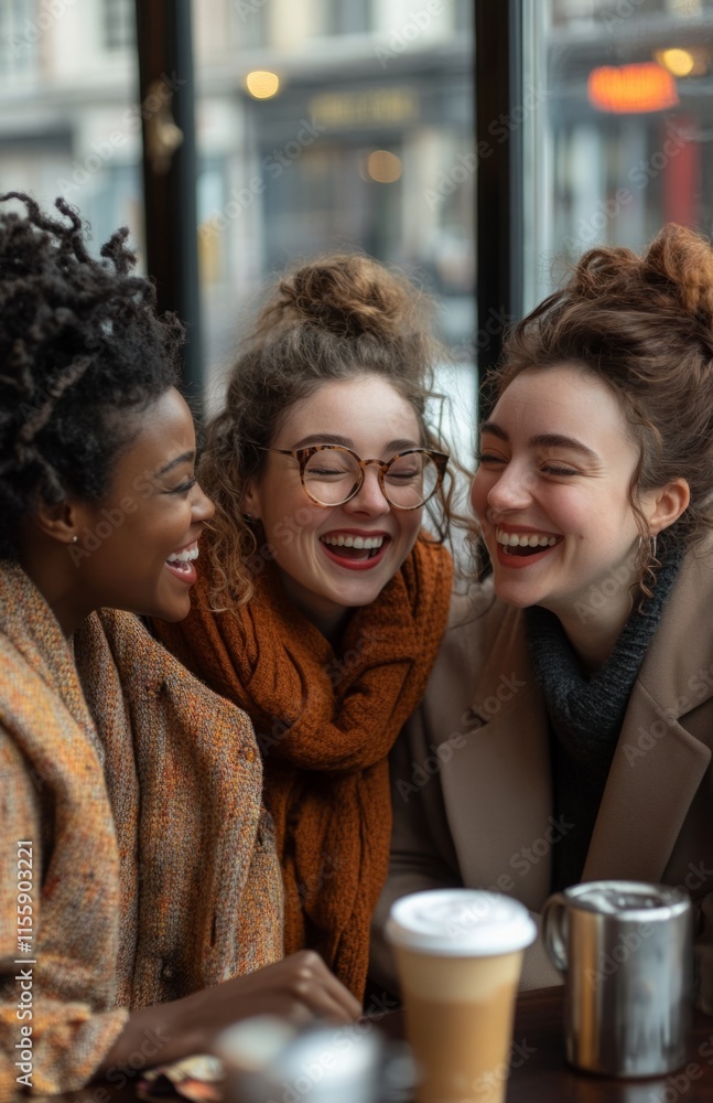 Three diverse friends laughing and sharing stories in a cozy coffee shop Three diverse friends laughing and sharing stories in a cozy coffee shop