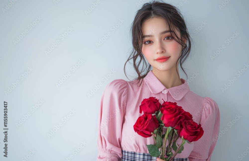 A beautiful woman with roses in pink blouse and plaid skirt for Valentine Day A beautiful woman with roses in pink blouse and plaid skirt for Valentine Day