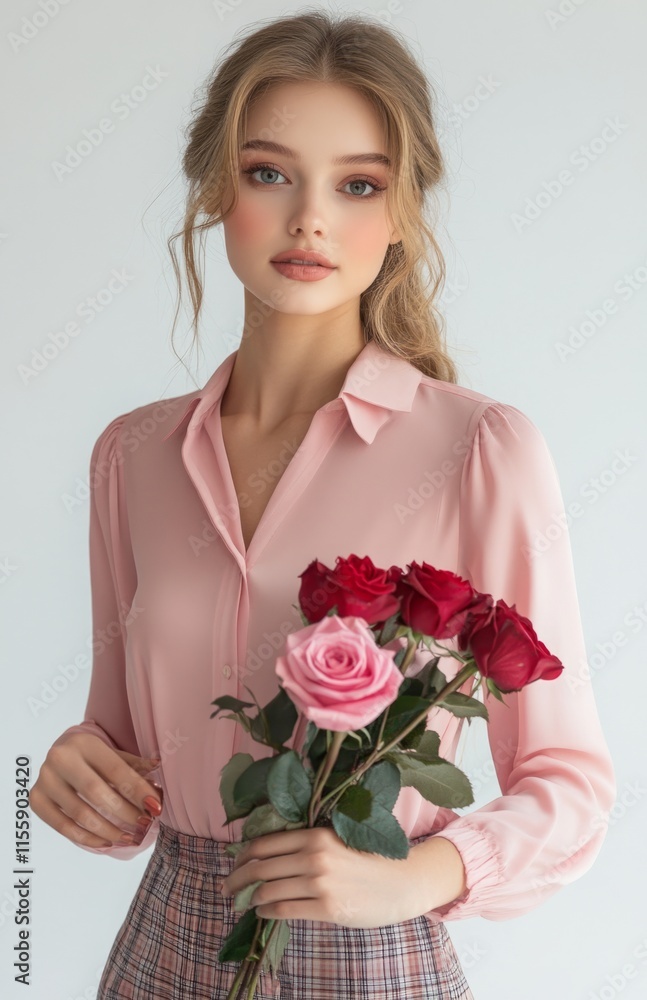 A beautiful woman with roses in pink blouse and plaid skirt for Valentine Day A beautiful woman with roses in pink blouse and plaid skirt for Valentine Day