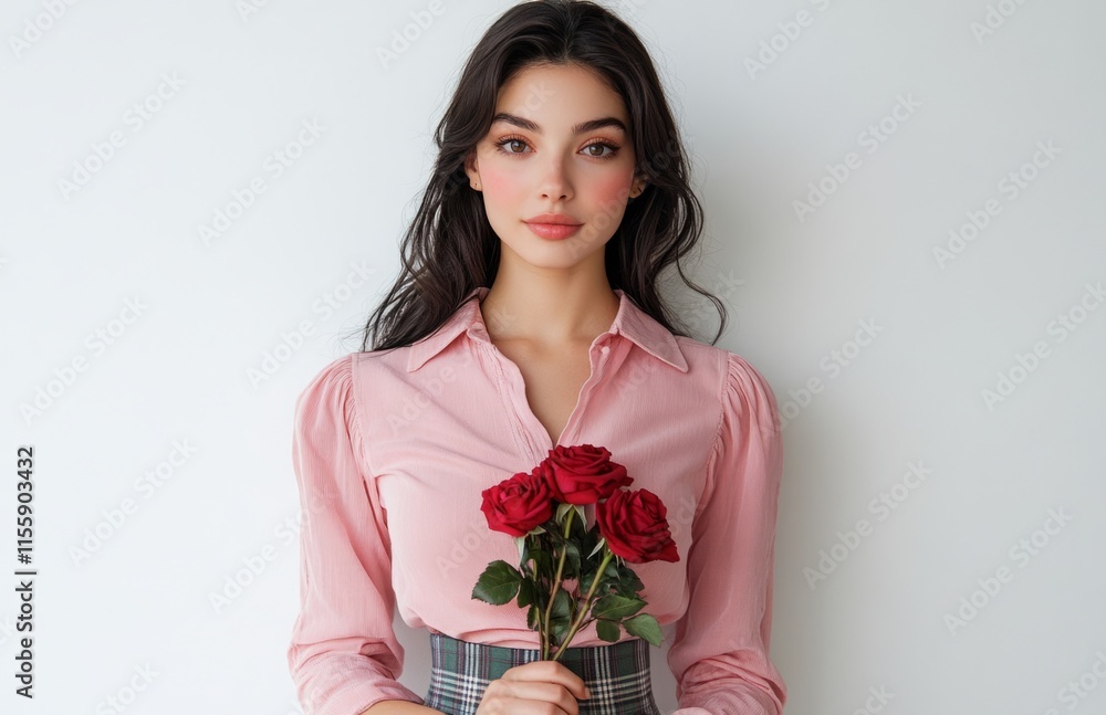 A beautiful woman with roses in pink blouse and plaid skirt for Valentine Day A beautiful woman with roses in pink blouse and plaid skirt for Valentine Day