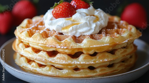 Delicious stack of waffles topped with whipped cream and syrup on a black plate