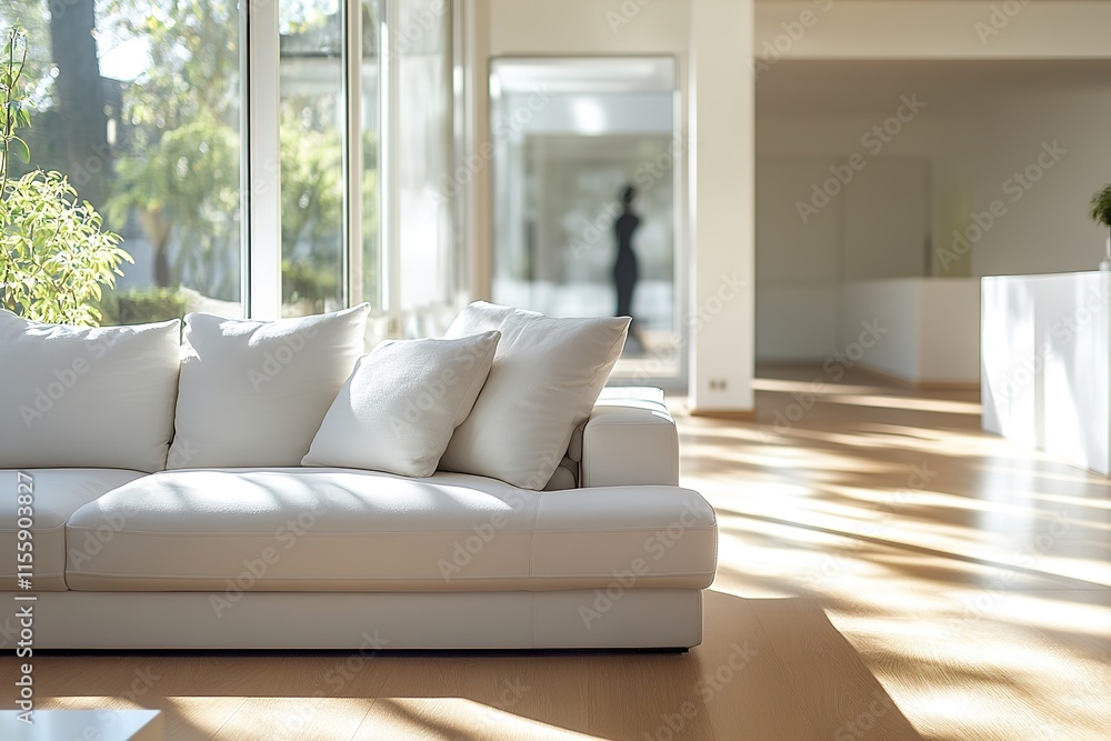 Fototapeta premium Bright and airy living space featuring plush white sofa and natu