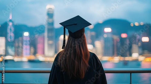 Graduate with Cap Overlooking City Skyline at Twilight