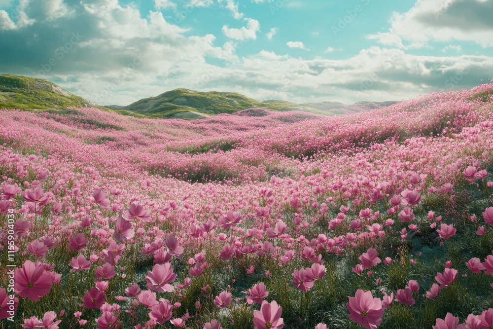 Vibrant Pink Family: Blooming Garden Cosmos Wildflowers on a Lush Green Hill in Springtime Vibrant Pink Family: Blooming Garden Cosmos Wildflowers on a Lush Green Hill in Springtime
