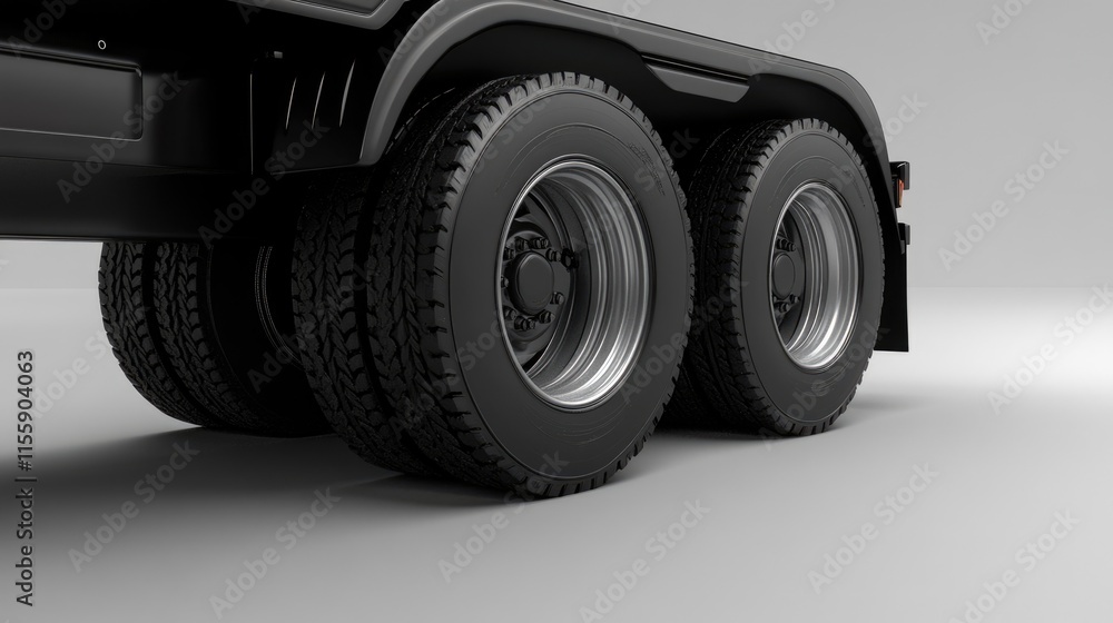 Naklejka premium Parked Semi-Trailer Truck: Close-Up on Maintenance of Robust Rubber Wheels and Tires at Auto Service Shop