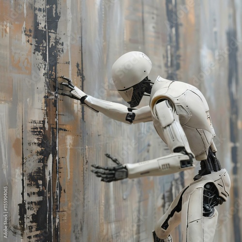 Картината върху платно White humanoid robot black accents stands against weathered wall its intricate d