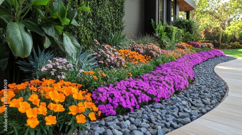 Colorful flower garden with lush green grass and manicured edges in bright su...