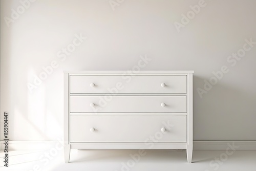 Minimalist design showcases sleek white dresser against soft bac