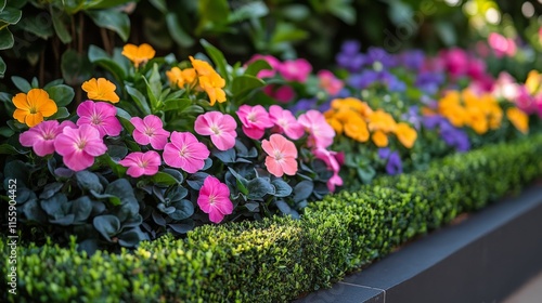 Colorful flower garden with lush green grass and manicured edges in bright su...