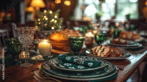 Elegant dining setup with green tableware in a cozy indoor setting during day...