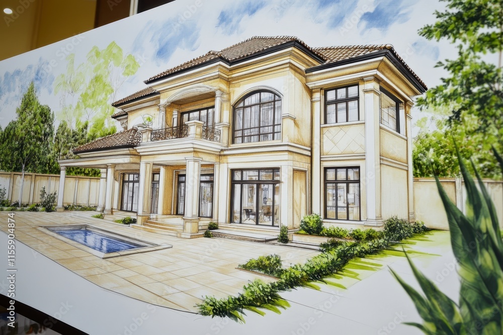 Fototapeta premium Modern architectural design sketch of a luxury house with a pool