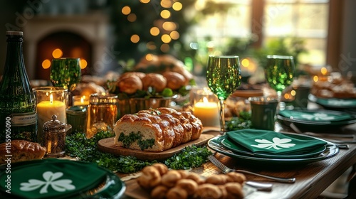 Elegant dining setup with green tableware in a cozy indoor setting during day...