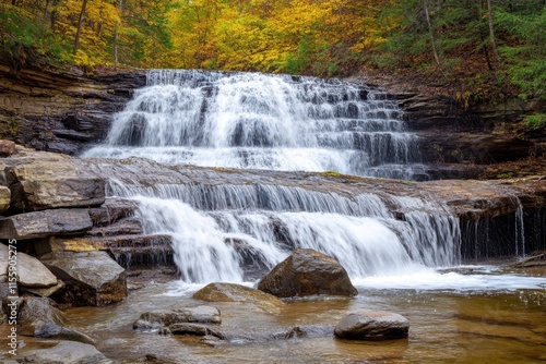 Water cascades down a rocky waterfall surrounded by colorful autumn foliage at a serene location