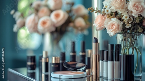 Sleek beauty products arranged on a marble vanity during a sunny afternoon in...