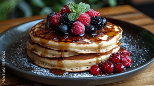 Delicious stack of pancakes topped with fresh berries and syrup served on a w...