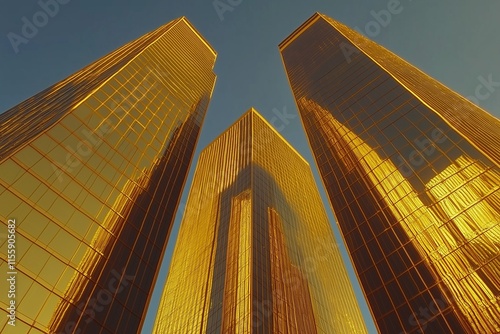 Skyscrapers Reflecting Golden Sunlight Against Clear Blue Sky